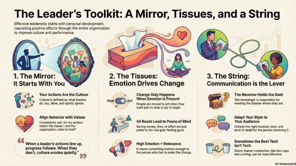 A box of tissues a mirror two cups and some string. Thats all you really need to be a great leader.