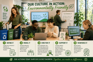 This image shows a company which is environmentally friendly, along with 5 steps to achieving associated behaviors.