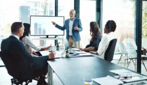 Bank Client Gives Presentation, using Bank's Meeting Space.