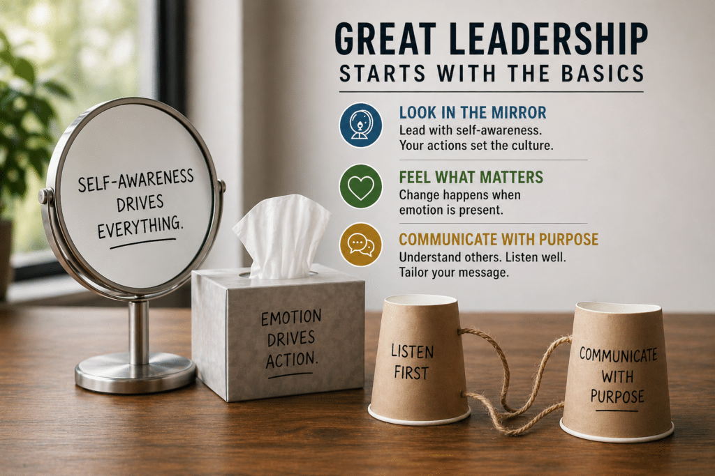 Image of a mirror, a box of tissues, and two cups with a string. They simbolize the traits a great leader needs.